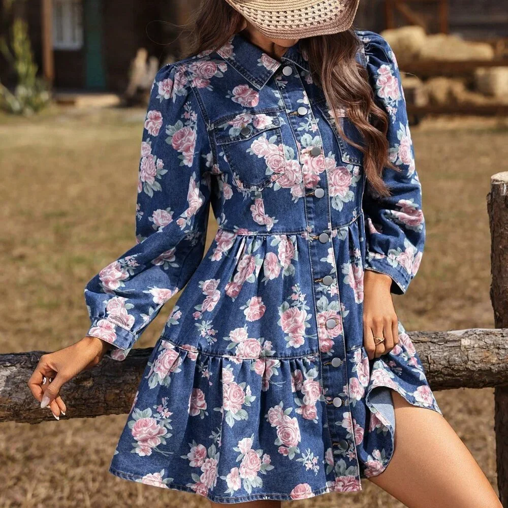 Light Wash Boho Women's Floral Print Single-Breasted Ruffle Casual Denim Dress - Picture 4 of 6